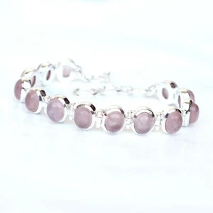 Natural Pink Rose quartz Bracelet, 925 Sterling Silver Handmade Bracelet-B022 - Picture 1 of 4