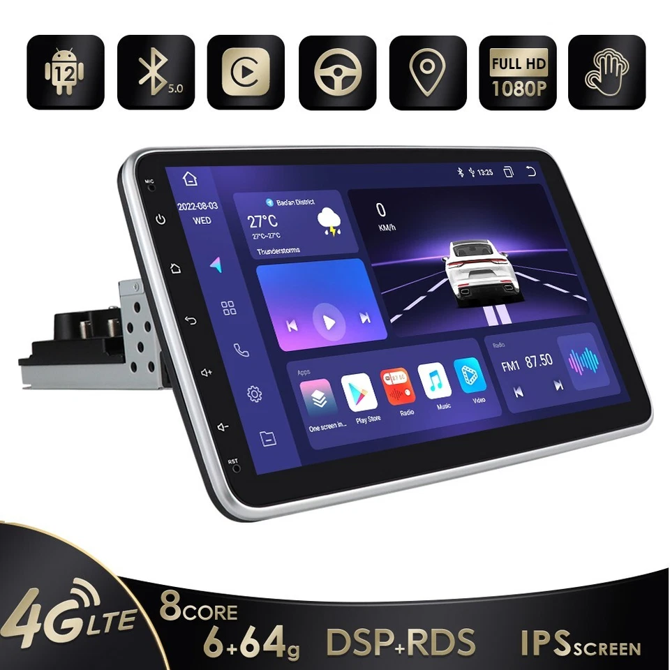 10.1" QLED Rotatable Single 1DIN Android 6+64GB 8Core Car Stereo Radio GPS Navi - Image 1 of 4