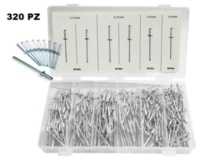 SET DI RIVETTI IN ALLUMINIO MISURE MISTE 320 PEZZI IN BOX DI PLASTICA - Immagine 1 di 3