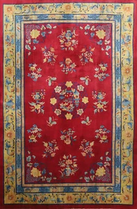 Vintage Floral Red Art Deco Chinese Area Rug Red/ Gold Wool Hand-made Carpet 6x9 - Picture 1 of 23