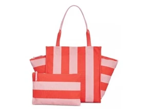 Macy's On 34th Cynthiah canvas extra large tote + pouch 2 PIECE SET -Pink/White - Picture 1 of 7