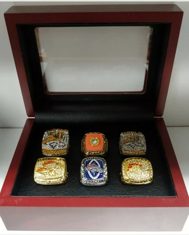 Denver Broncos - Super Bowl 6 Ring Set With Wood Box. Elway Davis Manning Miller Cover
