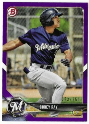 2018 Bowman Prospects Purple #BP97 Corey Ray /250 Brewers Numbered Rookie Card - Image 1 of 3