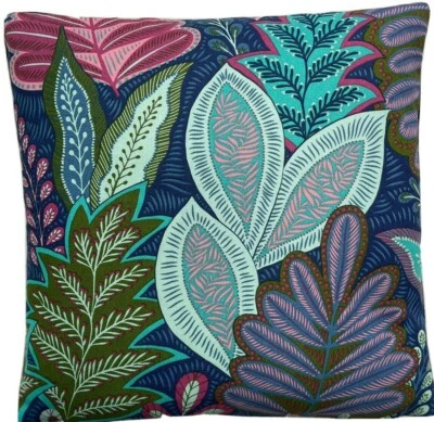 Blue Cushion Cover Cotton Printed Fabric Turquoise Botanical Leaves Scandi 16x22 - Image 1 of 3