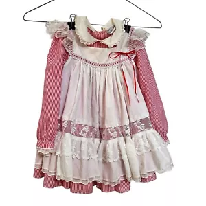 Abito rosso Bryan vintage con maniche svolazzanti in pizzo bianco pinafore taglia 3T - Foto 1 di 11