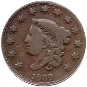 1830 N-10 R-4+ ANACS VG 8 Lg Letters Matron or Coronet Head Large Cent Coin 1c - Picture 1 of 2