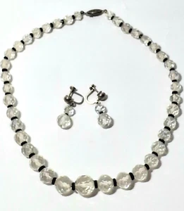 Vintage Honeycomb Crystal And Black Glass Beaded Necklace Earrings Set Sterling - Picture 1 of 6