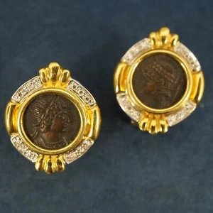Two Tone 18k Gold & Diamond Ancient Roman Coin Earrings - Free Shipping USA - Picture 1 of 9