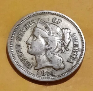 1874 3 Cent Piece Nickel U.S. Type Coin Three Cent Nickel - Picture 1 of 2