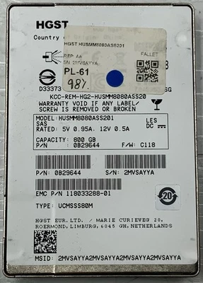 HGST 800GB SAS SSD 2.5" SOLID STATE DRIVE HUSMM8080ASS201 0B29644 98% HEALTH - Image 1 of 3