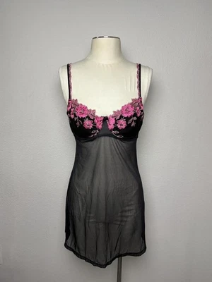 Vestido Vintage Victorias Secret Negro Malla Rosa Floral Babydoll Lencería Y2K 36C Foto 1 de 4