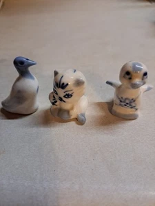 Lot of Miniature White & Blue Porcelain Animal Figurines Duck Cat Chick - Picture 1 of 6