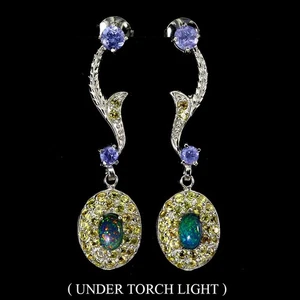 925 Sterling Silver Earrings Oval Black Opal Tanzanite Natural Gemstone Jewelry - Picture 1 of 13