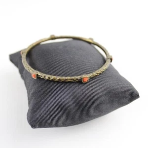 Vintage Bronze Tone Bangle Bracelet Red Square Stone Textured Metal Jewelry - Picture 1 of 7
