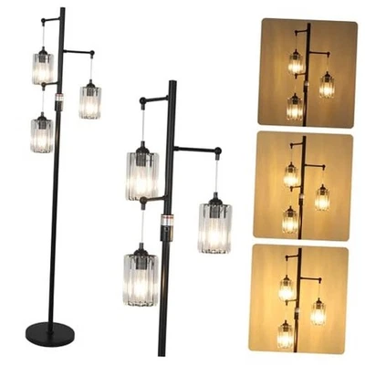 Modern Crystal Floor Lamp, 3 Lights Standing Lamp Dimmable, Industrial Black - Image 1 of 4