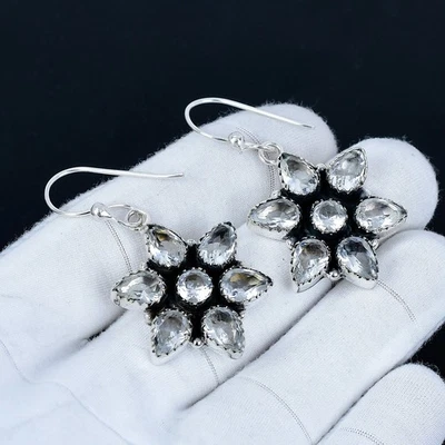 Topazio Bianco Gemma Orecchini 925 Argento Sterling Boho Gioielli Natale Regali - Immagine 1 di 4