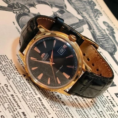 Reloj Pulsera Orient Bambino Clásico Automático Reloj Correa Cuero Negro Usado Foto 1 de 4