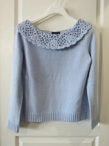Maglione pullover Carolyn Taylor blu chiaro grosso manica lunga con bordo all'uncinetto S - Foto 1 di 15