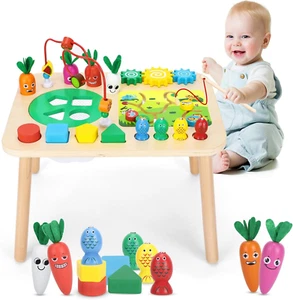 Activity Table for 1+ Year Old Girls Boys, 7-In-1 Wooden Montessori Toys, Activi - Picture 1 of 6