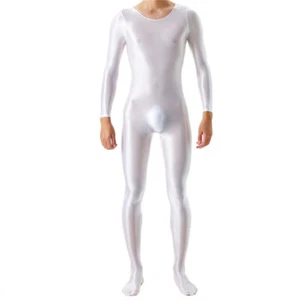 Mens Oil Shiny Satin Glossy Bodystocking Long Sleeve Full Body Jumpsuit Bodysuit - Picture 1 of 25