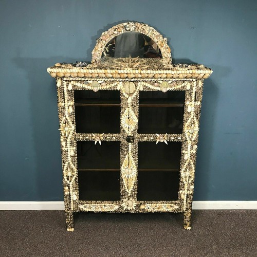 Antique Oak Glass Front Seashell Mosaic Style Decorated Bookcase | eBay