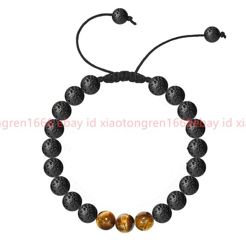 VALENTINO Bracciale perle tonde occhio di tigre giallo roccia lava naturale 8 mm 7 5"
