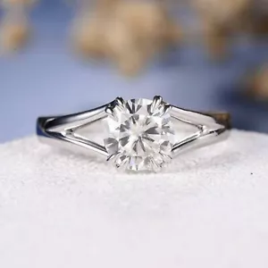 1Ct Round Cut Diamond Solitaire Split-Shank Wedding Ring 14K White Gold Finish - Picture 1 of 7