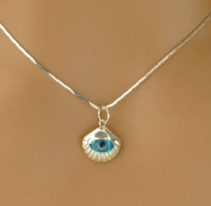 Blauer griechischer böser Blick, Muschel inspiriert, Glücksbringer, gestempelt 925 Anhänger, Geschenk - Bild 1 von 7