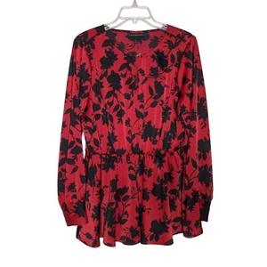 Lane Bryant floral red black elastic waist long sleeve peplum blouse 14 - Picture 1 of 8