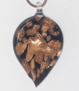 Black Copper Artglass Leaf Pendant Necklace w Copper Greyhound or Whippet Dog - Picture 1 of 3