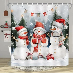 Christmas Snowman Shower Curtain Merry Christmas Winter Holiday Bath Curtain ... - Picture 1 of 7