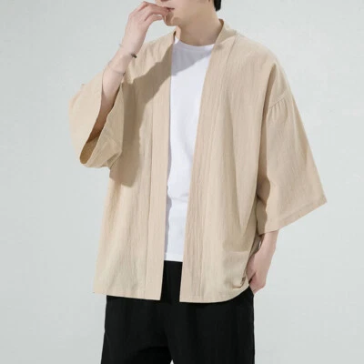 Japanese Men's Oversized Kimono Cardigan Coats Loose Outwear Summer Cotton Linen - Image 1 of 4
