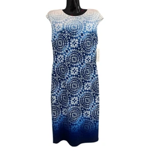 Maggie London blau & weiß Flügelärmel Etui Boho Print Ombre Kleid Gr. 12 Neu mit Etikett - Bild 1 von 4