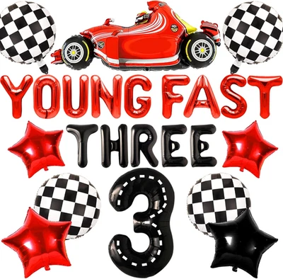 Globos jóvenes rápidos tres estandartes - niños 3Rd cumpleaños coche de carreras temático decoración de fiesta Foto 1 de 4