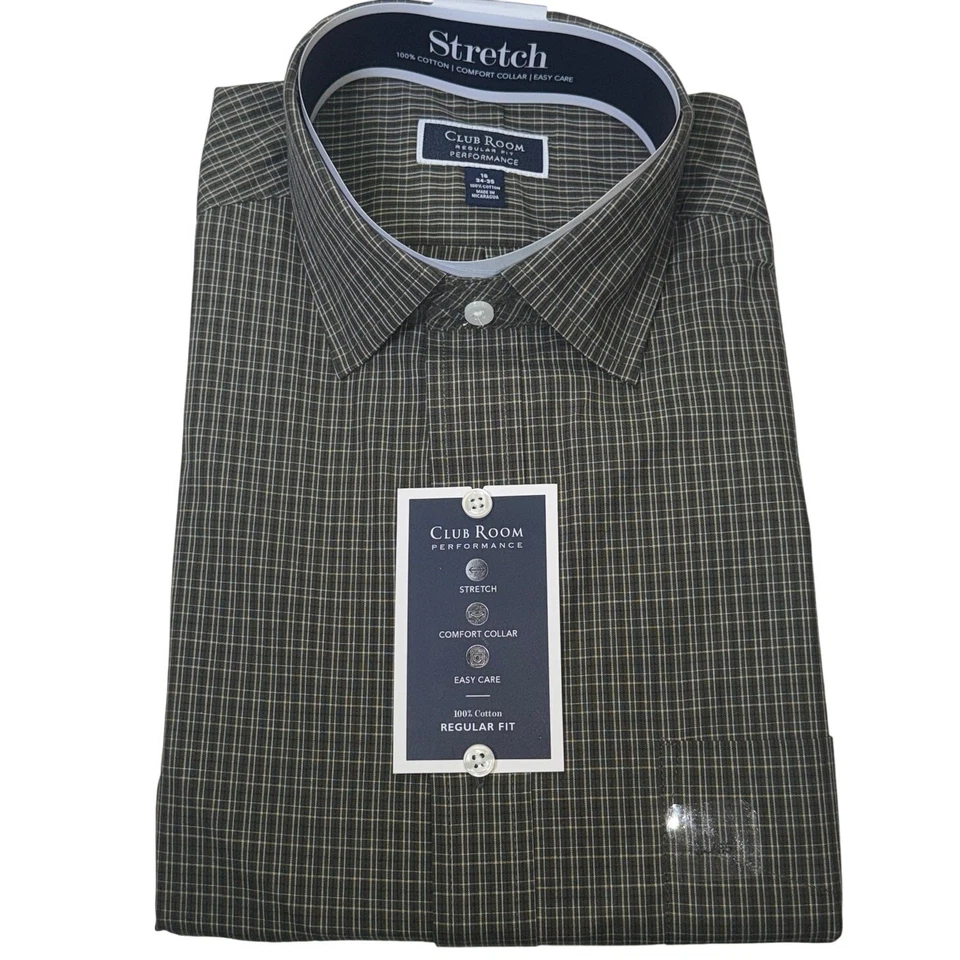 Camisa social masculina Club Room nano xadrez, oliva/caqui 16 34-35 $60 - Imagem 1 de 4