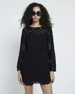 River Island Womens Mini Dress Black Long Sleeve Lace Round Neck Casual - Image 1 of 4