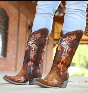 Corral LD Bone Brown Overlay &Crystal Woman Western Boots Heavy Embroidery 7.5 - Picture 1 of 14