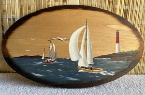 Handpainted Signed Wood Plaque Sailboats Lighthouse Seagulls Burnish Edge 12"x7” - Picture 1 of 15