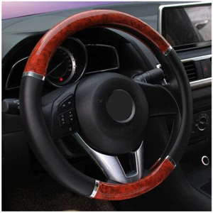 Wood Grain Steering Wheel Cover Car Accessories Good Grip Black Syn Leather 38cm - Bild 1 von 9