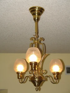 Chandelier 1920 + - Antique, Dining, Living, Entry, acid etched Frosted Shades, - Picture 1 of 14