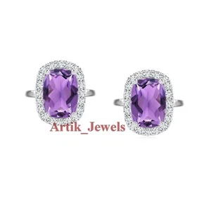 Natürlich Amethyst Edelstein Mit 14K Weißgold Vergoldet Silber Manschettenknopf - Bild 1 von 10