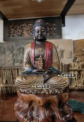 4.7" Collect China Colored Drawing Wood Hand Carving Buddha Sakyamuni Statue - Image 1 of 4