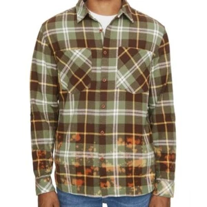 Nordstrom Eleven Paris Plaid Flannel Shirt Bleach Splatter Brown Green Large NEW - Picture 1 of 10