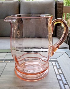 8" MacBeth - Evans Large Pink Depression Glass Ringed Optic Glass Pitcher - Picture 1 of 12