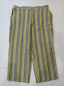 Ruby Rd Capri Pants Womens 16 Green Striped Linen Blend Flat-Front Wide-Leg - Picture 1 of 7