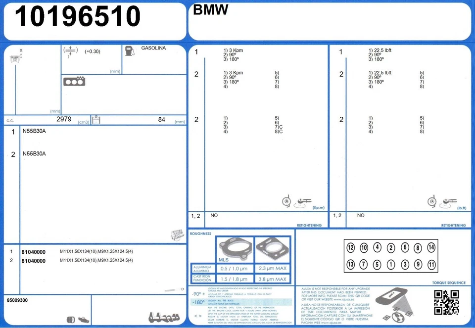 Juego completo de juntas de reconstrucción de motor BMW 335xi TOURING 24V 3.0 306 N55B30A (3/2011-) Foto 1 de 1