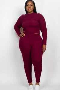 Capella Two Piece Mock Neck Ribbed Long Sleeve & Leggings Set - Picture 1 of 23