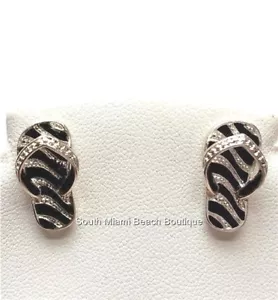 Silver Flip Flop Earrings Hypoallergenic Posts Black Enamel Beach Island Plated - Picture 1 of 8