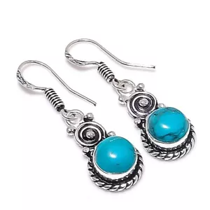 Blue Turquoise Gemstone Handmade 925 Sterling Silver Jewelry Earring Size 1.4" - Picture 1 of 1