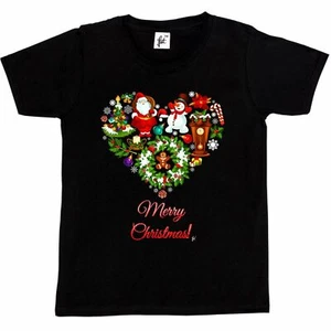 Frohe Weihnachten Herz mit Schneemann & Weihnachtsbaum Kinder Jungen / Mädchen T-Shirt - Bild 1 von 12